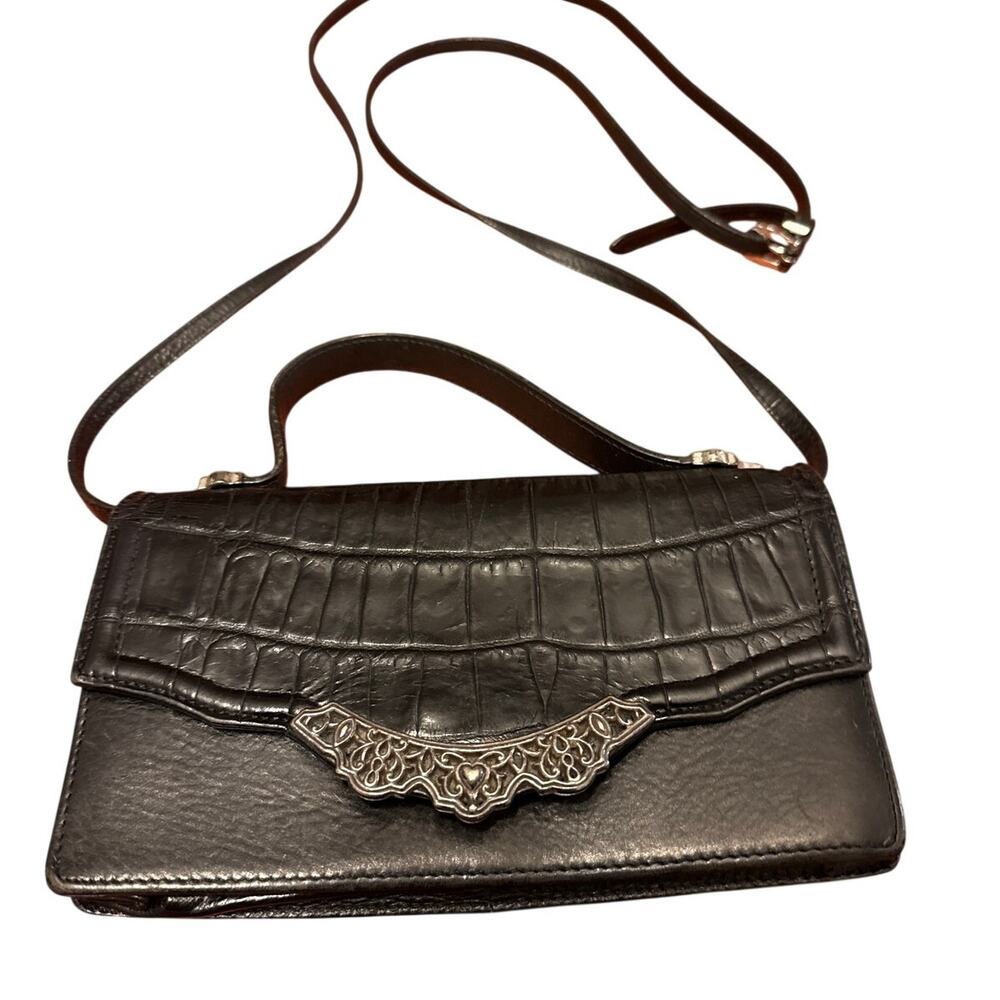 Brighton Black Leather Clutch Silver Heart Accents Adjustable Crossbody Vintage